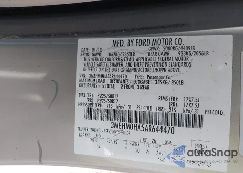 2010 Mercury Milan from USA, damaged, VIN 3MEHM0HA5AR644470